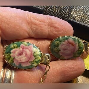 Vintage enamel sweater clips gold tone chain Grandmacore Cottagecore shabby chic
